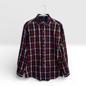 Tommy Hilfiger Men's Slim Fit Plaid Shirt Red Blue Long Sleeve Button-Up Large